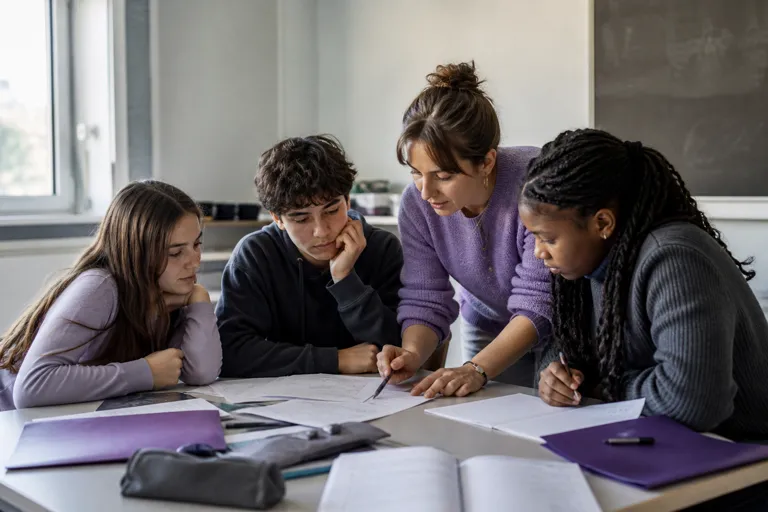 Eine Lehrkraft begleitet Schülerinnen und Schüler beim gemeinsamen Arbeiten.